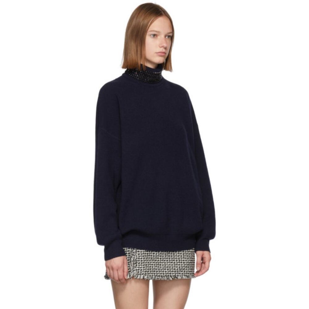 Alexander Wang Navy Blue Crystal Collar Wool Turtleneck Sweater Size L